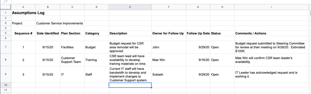 An example of an assumptions log spreadsheet.