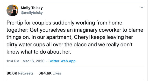 Twitter post suggesting that people WFH create imaginary co-workers.