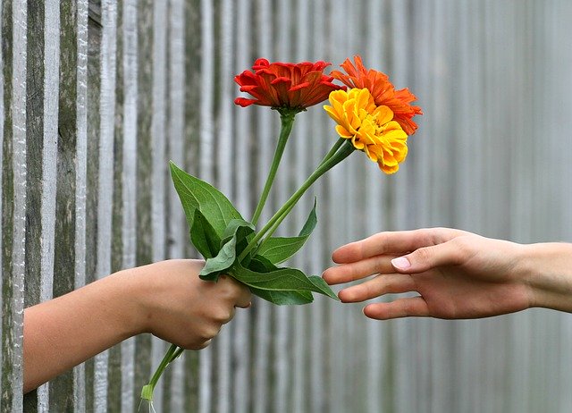 A person giving flowers to another person.